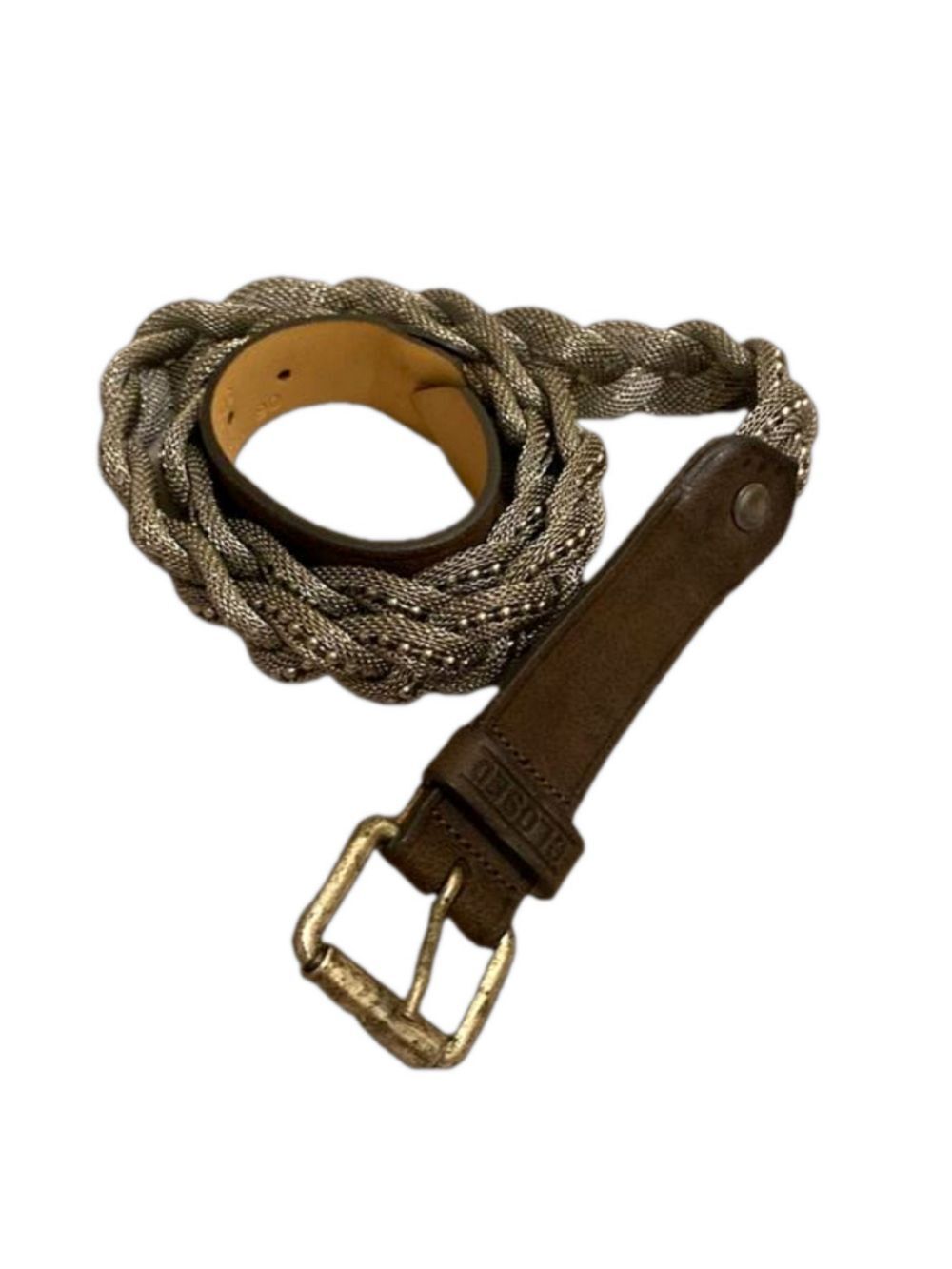 #0324 Closed Italy Braided Metallic Mesh Leather Belt Brown Silver Size 90
